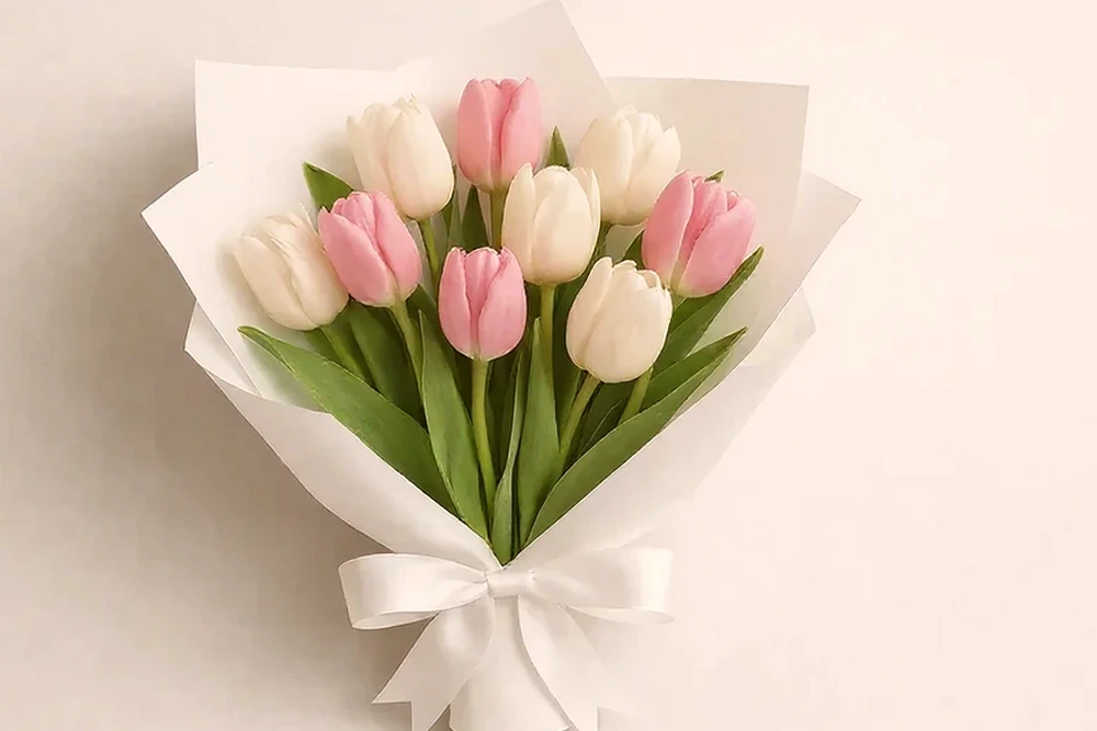 Buquê de Tulipas Brancas e Rosas com Embalagem Branca Luxuosa