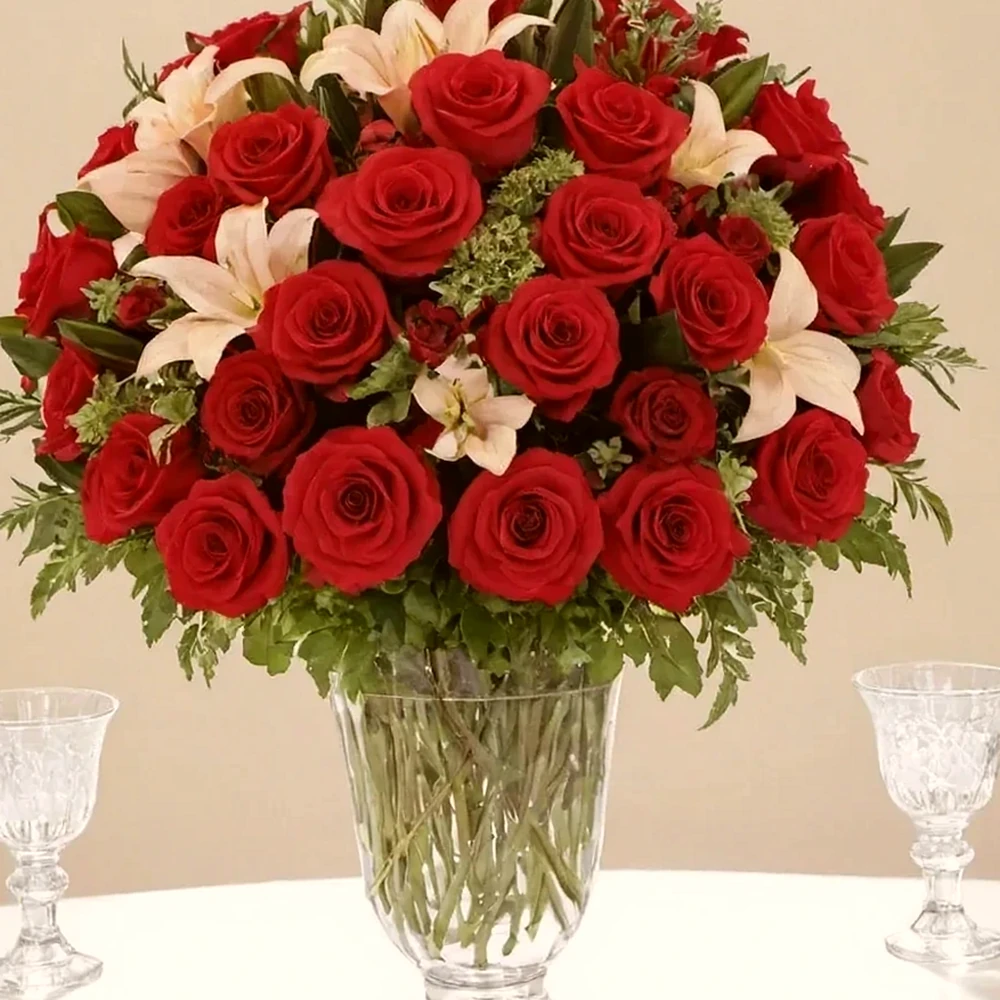 Arranjo de Rosas Vermelhas e Lírios - Símbolo de Elegância