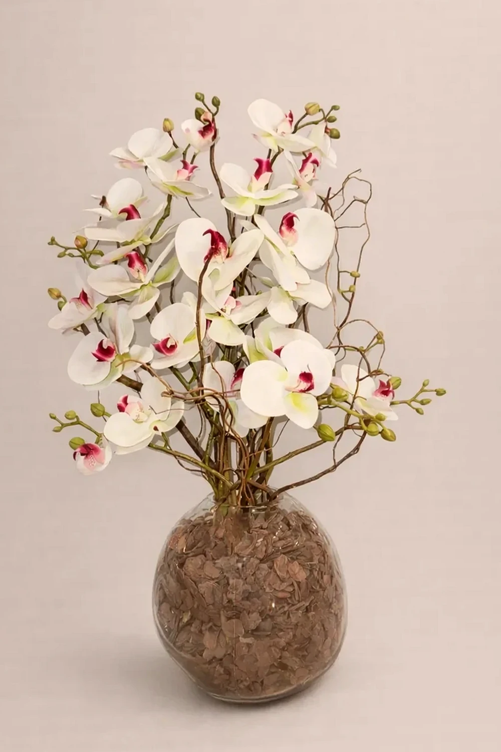Arranjo Artificial de Orquídeas Brancas no Vaso de Vidro