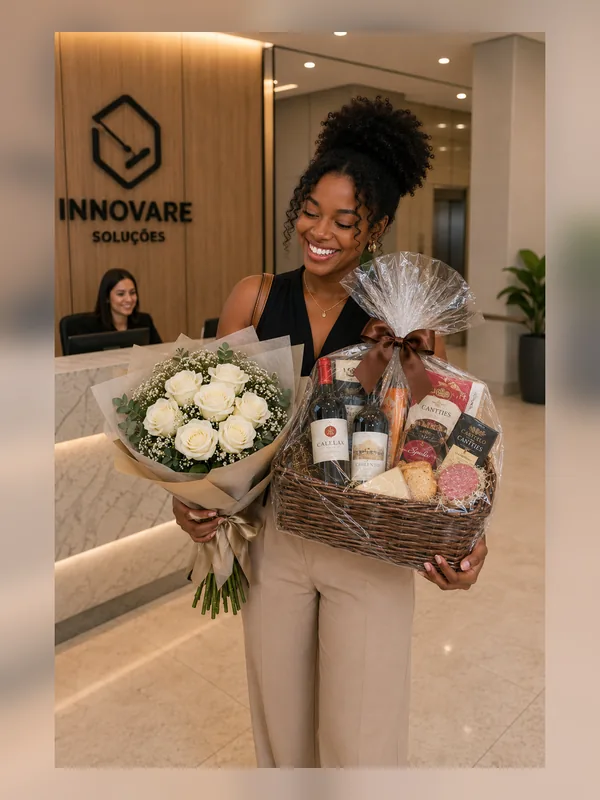 Cliente recebendo flores e cesta no trabalho